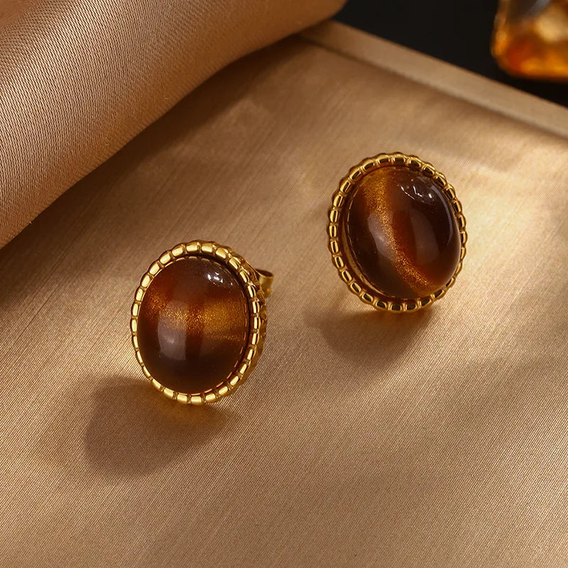 Brown Sugar Vintage Style Geometric 304 Stainless Steel Resin 18K Gold Plated Jewelry Set
