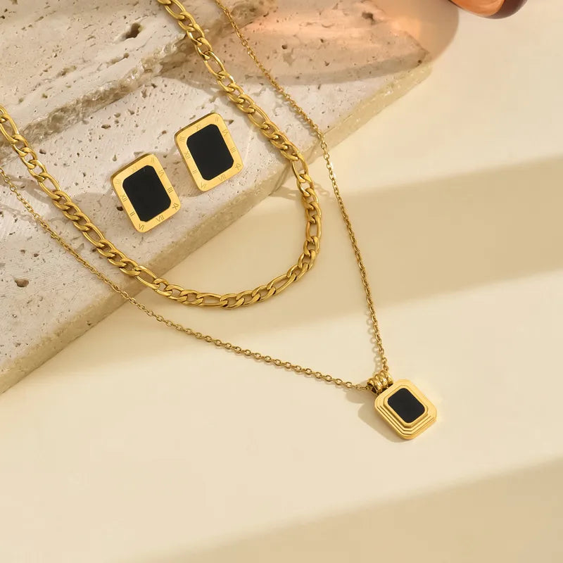 Roman Numeral Vintage Style Geometric 304 Stainless Steel Acrylic 18K Gold Plated Cuban Link Chain Curb Chain Cable Chain Jewelry Set