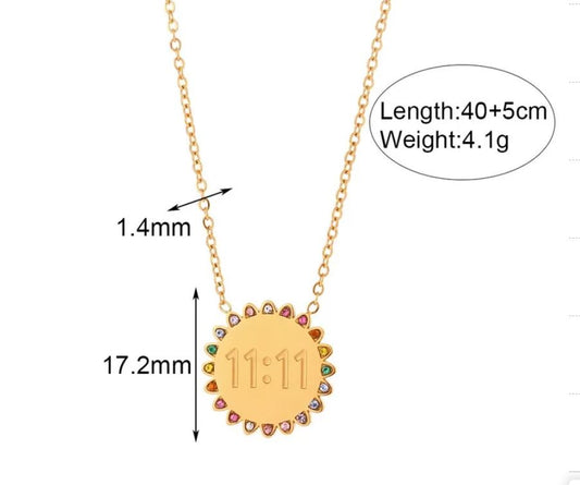 Rhinestone SUNFLOWER 11:11 Pendant Necklace-Gold-Colorful crystals