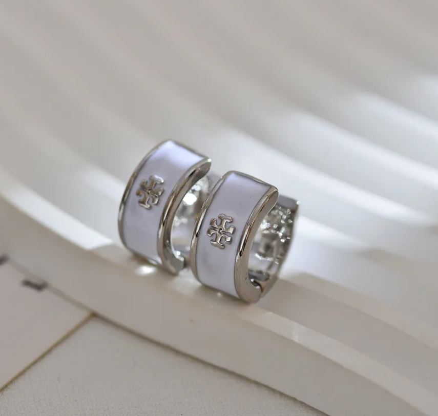 White and Silver U Shape Printing Enamel Stainless Steel Earrings