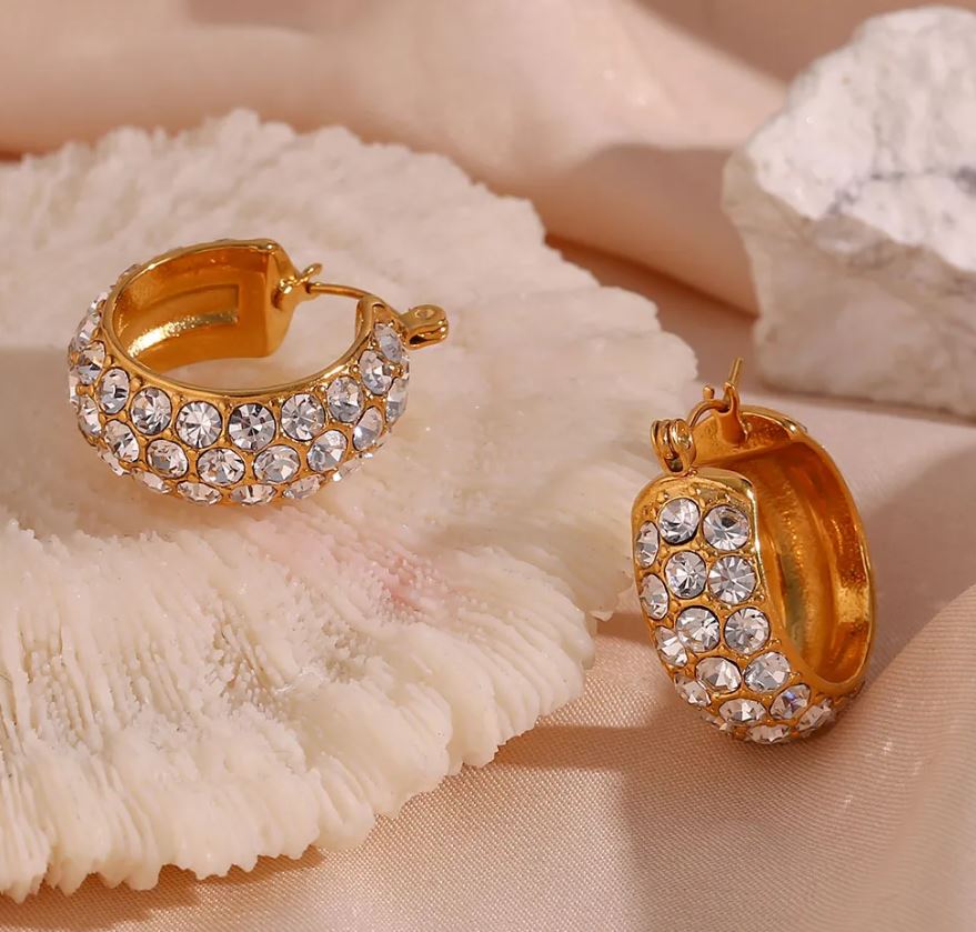 Gold White Diamond Stainless Steel Plating Inlay Rhinestones 18K Gold Plated Hoop Earrings