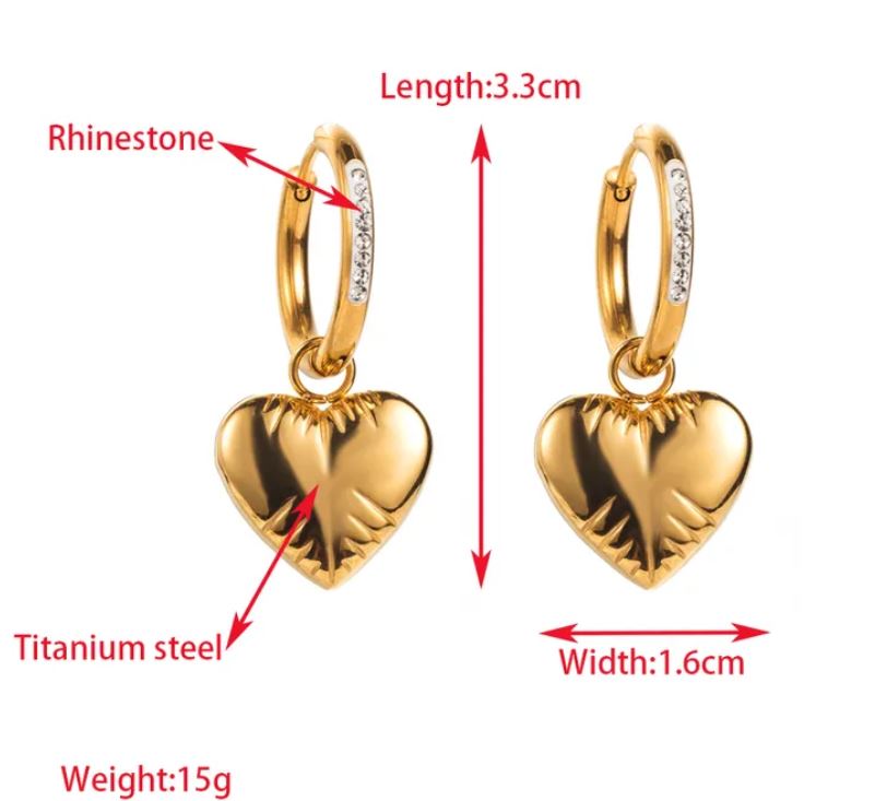 Heart Shape Inlay Titanium Steel Rhinestones Gold Plated Drop Earrings