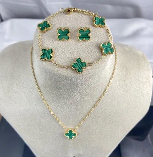 Green Four Leaf Clover Titanium Steel Plating 3pc Necklace Set