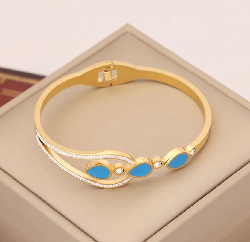 Blue Petals Butterfly Stainless Steel Enamel Inlay Zircon Bangle