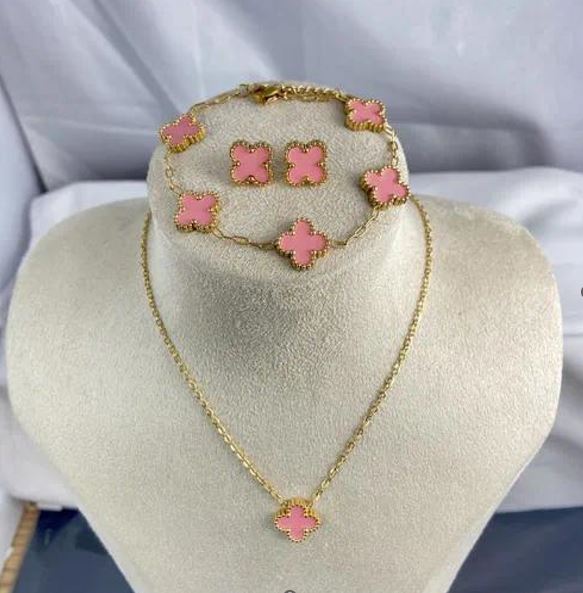Pink Four Leaf Clover Titanium Steel Plating 3PC Necklace Set