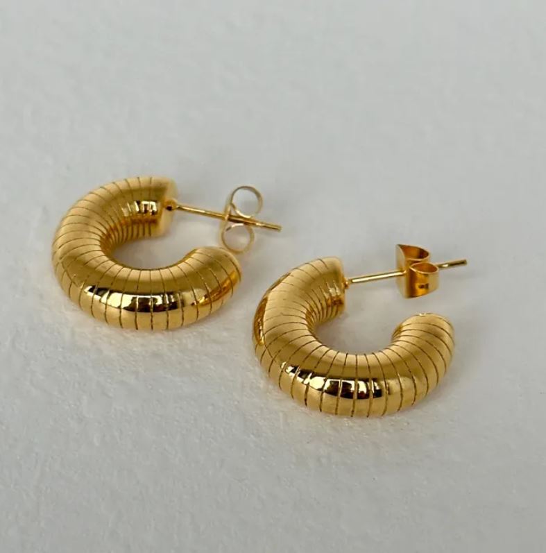 Thick C Shape Stainless Steel 14K Gold Plated Ear Studs