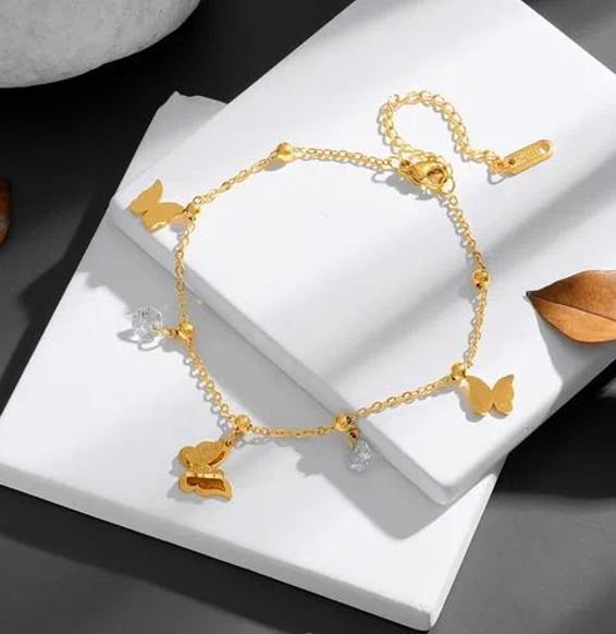 Butterfly Titanium Steel Plating Inlay Zircon 18K Gold Plated Bracelet