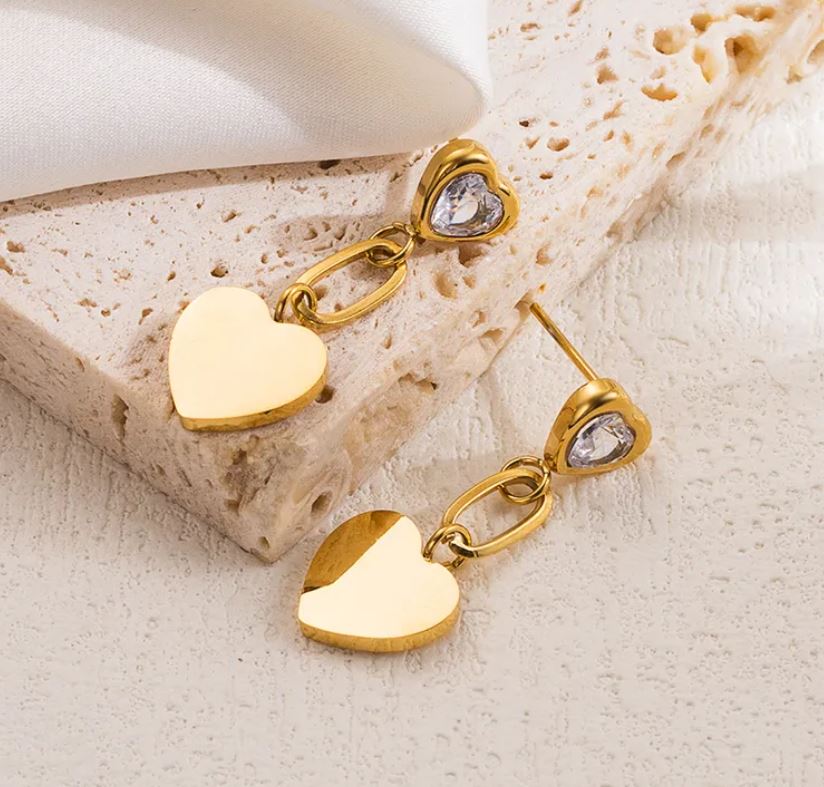 Sweet Heart Shape Plating Stainless Steel CLEAR Zircon 18K Gold Plated Drop Earring