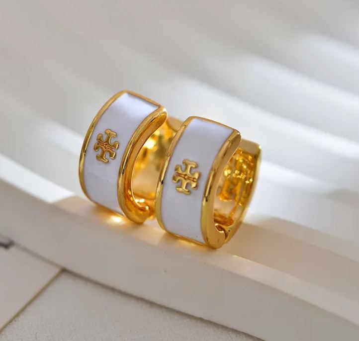 Golden White Elegant Luxurious Queen U Shape Printing Enamel Stainless Steel Earrings