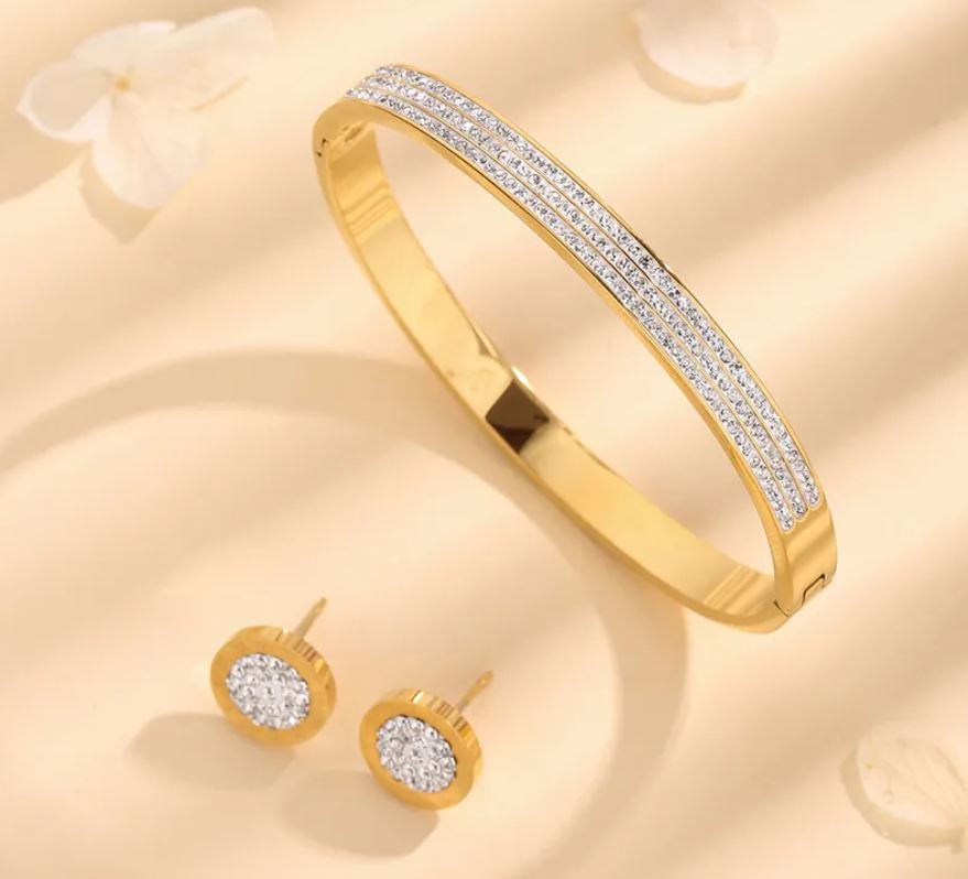 Titanium Steel Plating Inlay Rhinestones 18K Gold Plated 2 pc Set