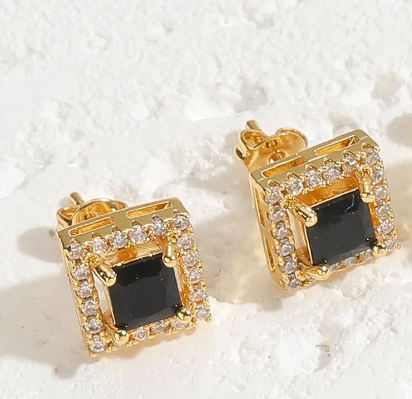 Square Plating Inlay Brass Zircon 14K Gold Plated With Black Ear Studs
