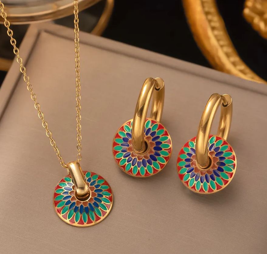 Retro Flower Titanium Steel Earrings & Necklace Set
