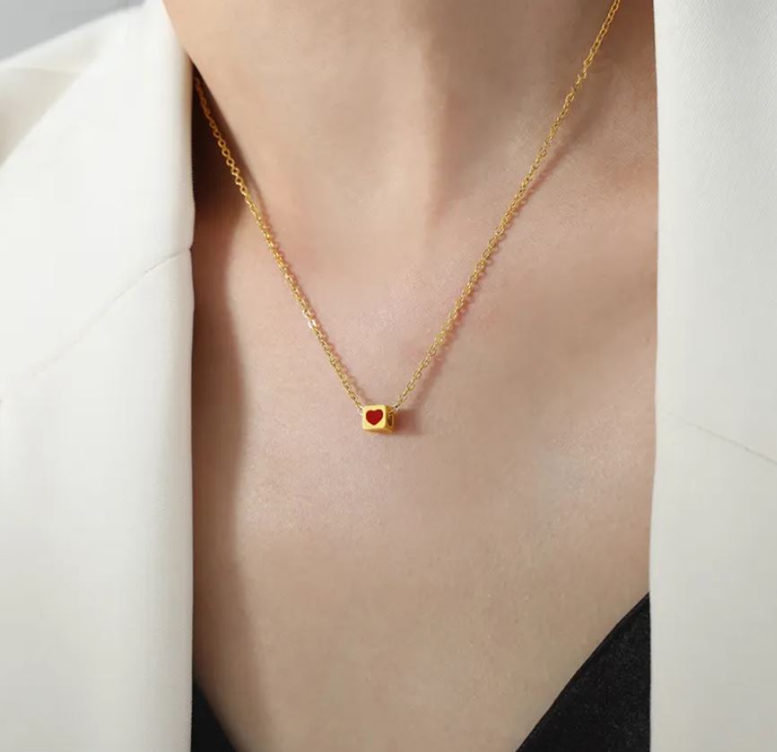 Red Heart Titanium Steel Enamel Plating 18K Gold Plated Necklace