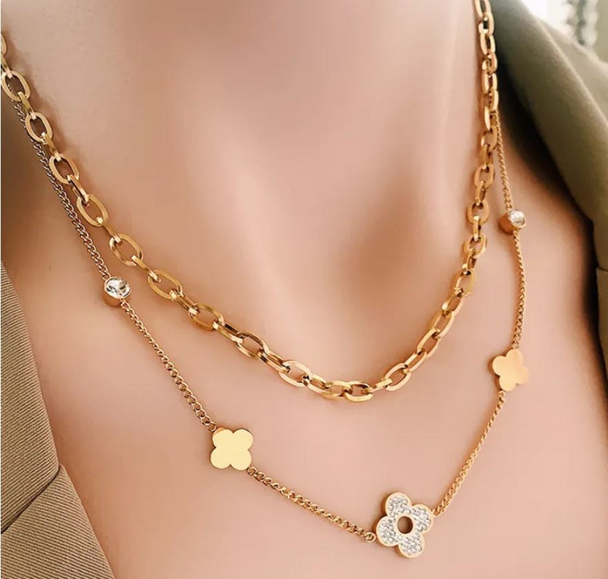 Clover Titanium Steel Inlay Zircon Layered Necklace