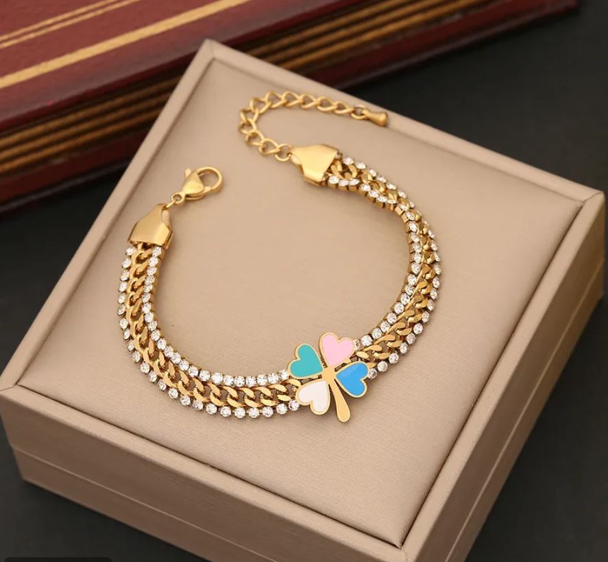 Four Leaf Stainless Steel Plating Inlay Zircon Gold Plated Bracelet