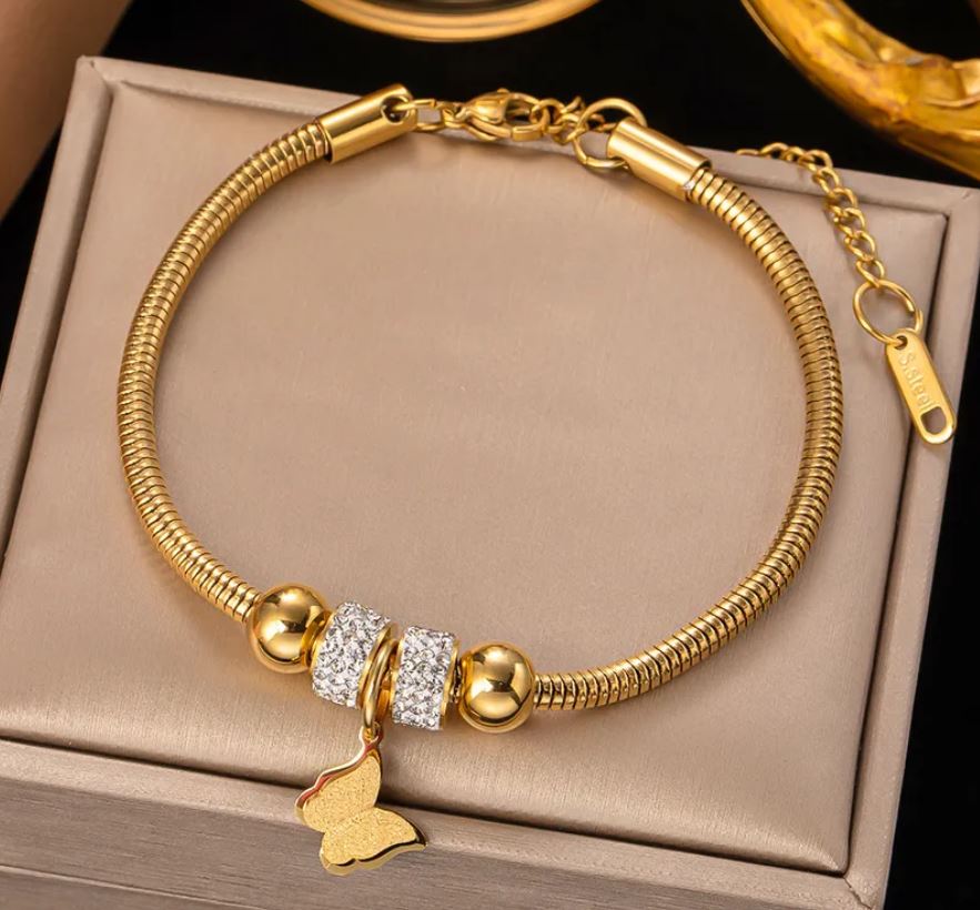 Butterfly Titanium Steel Plating Hollow Out Inlay Zircon Bracelet