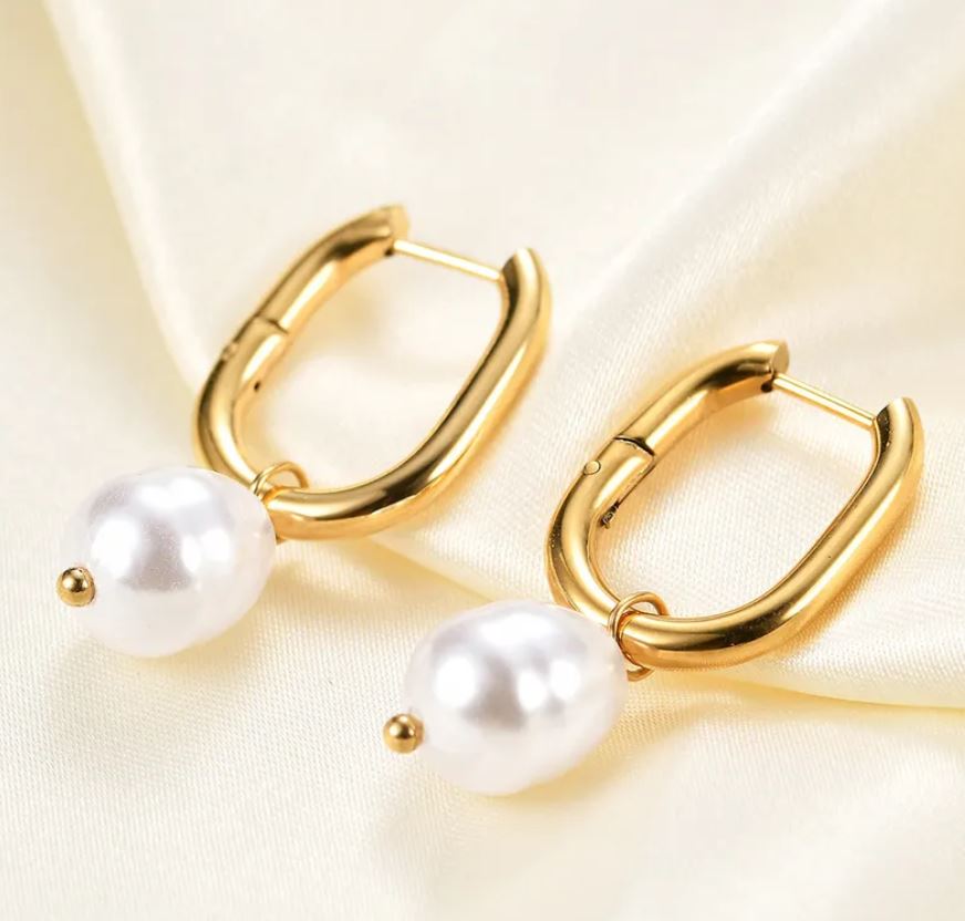 Gold and Pearl Stainless Steel Plating Hoop Earrings