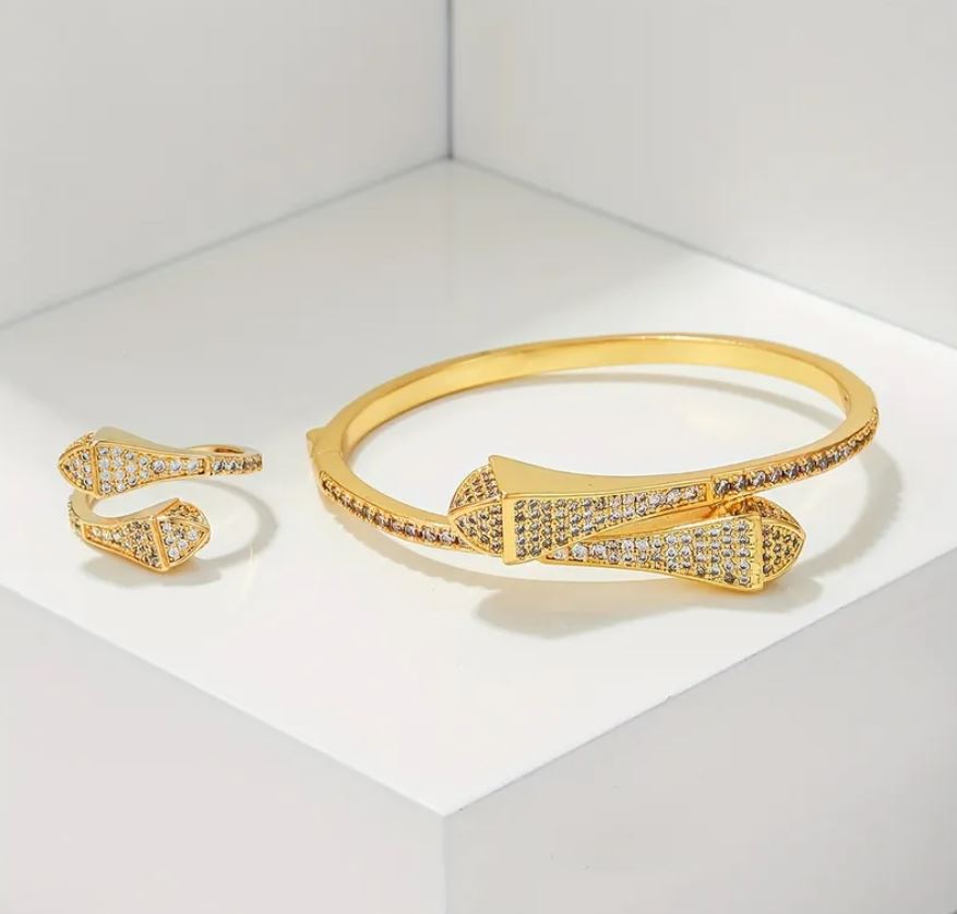 Diamond Pattern Copper Plating Inlay Zircon 18K Gold Plated Bangle Set