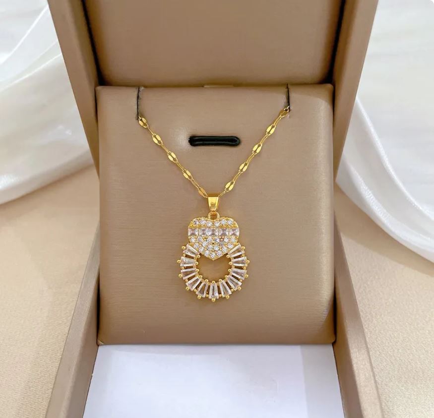 Heart Shape Stainless Steel Artificial Gemstones Plating Inlay Necklace
