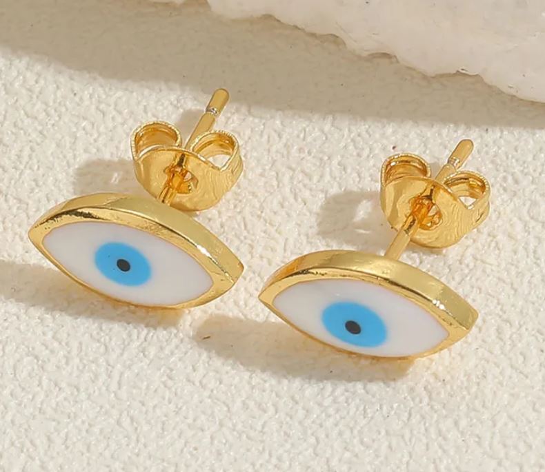 Blue Oval Devil's Eye Epoxy Plating Inlay Copper Zircon 14K Gold Plated Ear Studs
