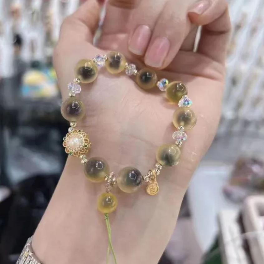Yellow Gray Sugar Heart Agate White Crystal Pearl Tassel Bracelet