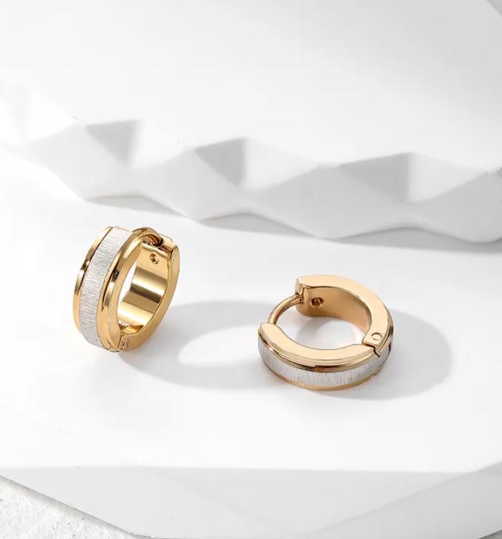 Gold with Silver Horizontal Bar Round Stainless Steel Earrings