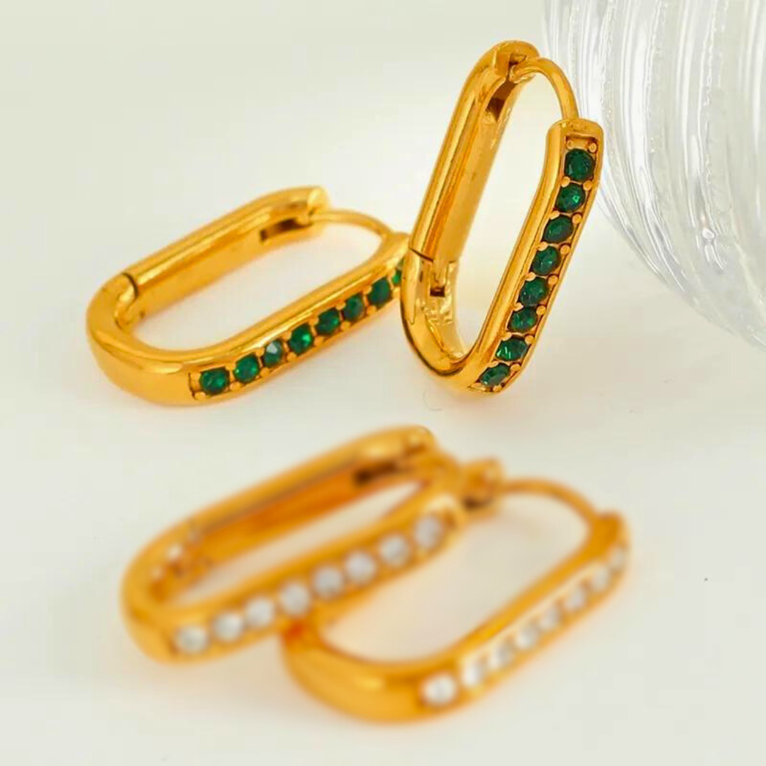 Simple Green Style Geometric Inlay Titanium Steel Zircon 18K Gold Plated Earrings