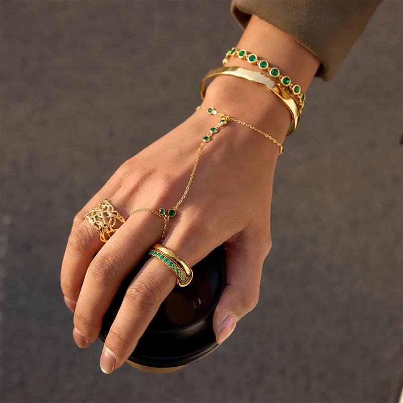 Jade Stone 18K Gold Plated 304 Stainless Steel Finger Chain