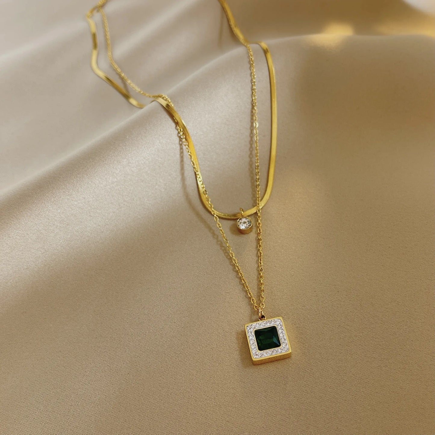 Green Diamond Titanium Steel 18K Gold Plated Zircon Double Layer Necklaces