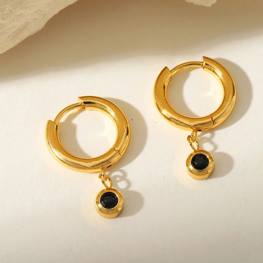Black Diamond Elegant Style Geometric Round Plating Inlay 304 Stainless Steel Zircon 18K Gold Plated Earrings