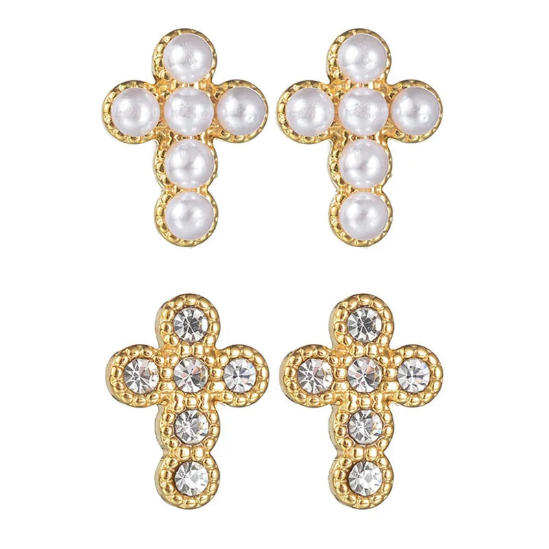 Cross Plating Inlay Stainless Steel Pearl/ Zircon 18K Gold Plated Ear Stud