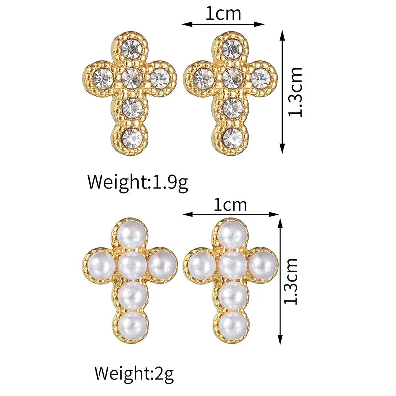 Cross Plating Inlay Stainless Steel Pearl/ Zircon 18K Gold Plated Ear Stud