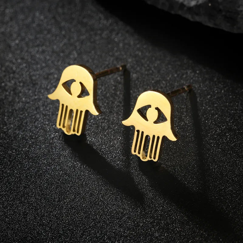 Hand of fatima plating hollow out stainless steel 18k gold plated ear studs