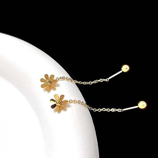 Flower Gold Daisy Hang Chain 304 Stainless Steel 18K Gold Plated Earrings Ear Studs