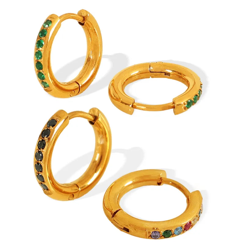 French Style Round Polishing Plating Inlay 304 Stainless Steel Rhinestones 18K Gold Plated Earring