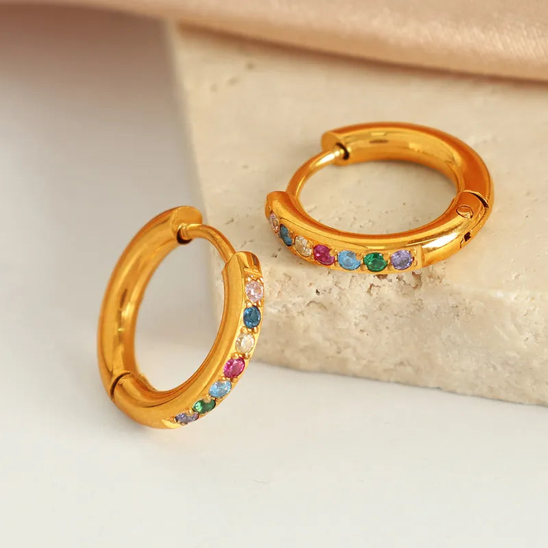 French Style Round Polishing Plating Inlay 304 Stainless Steel Rhinestones 18K Gold Plated Earring