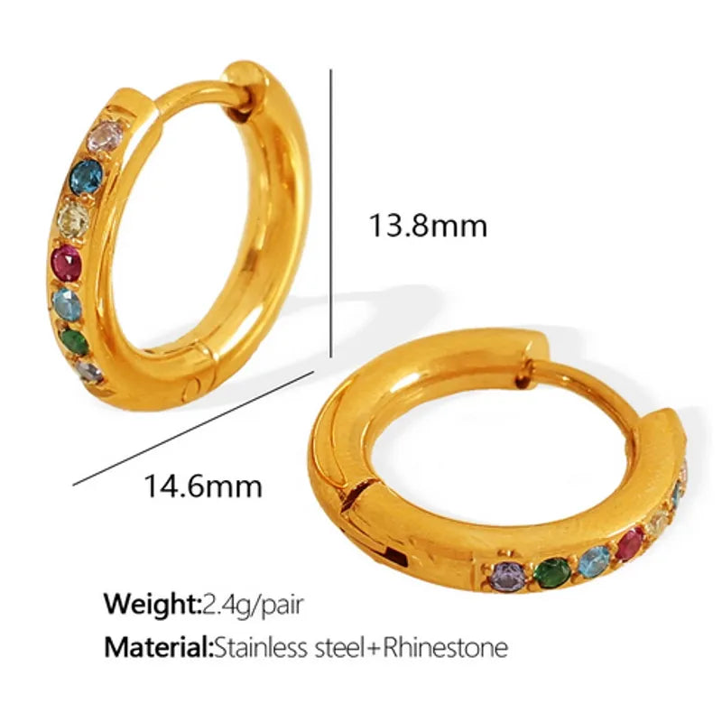 French Style Round Polishing Plating Inlay 304 Stainless Steel Rhinestones 18K Gold Plated Earring