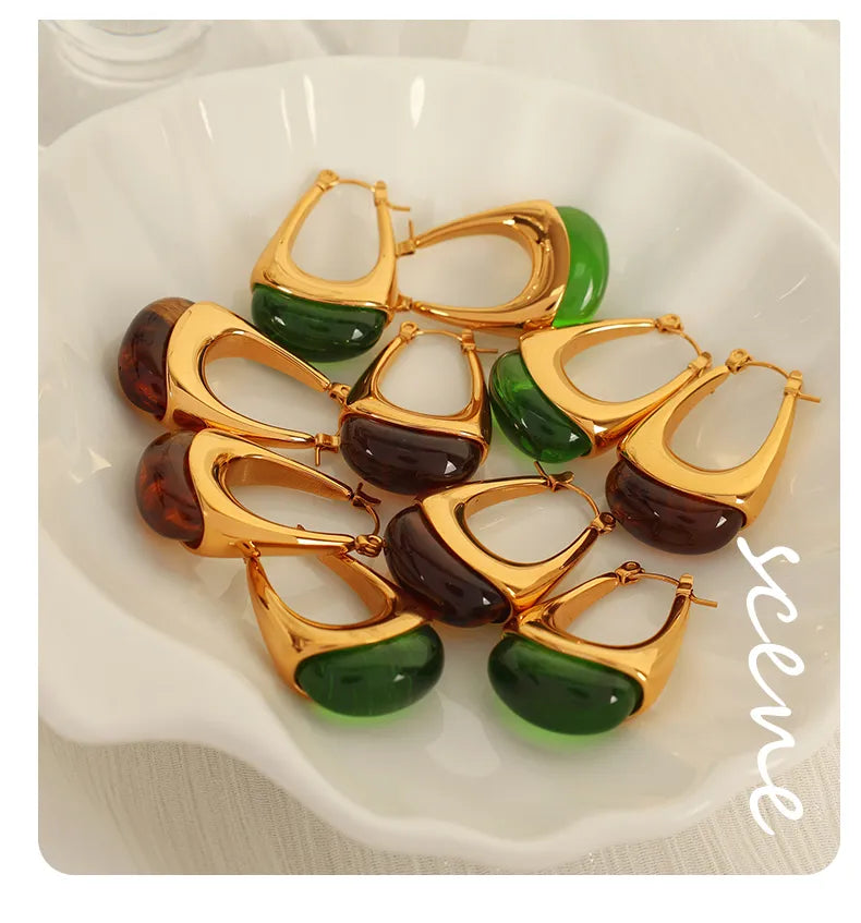 French Style U Shape Polishing Epoxy Plating 304 Stainless Steel Resin 18K Gold Plated Earring