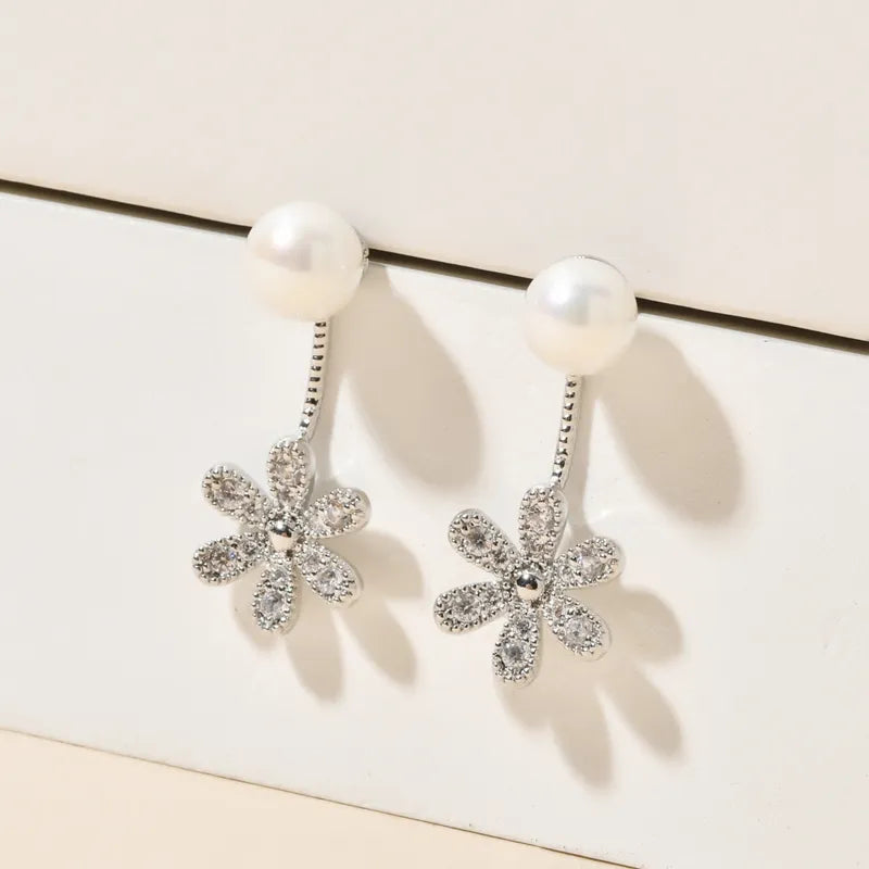 ig style simple style flower plating inlay copper artificial pearls zircon white gold plated ear studs