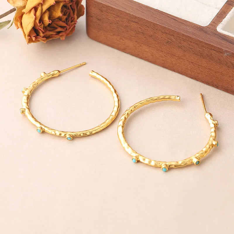 Round plating inlay copper turquoise 18k gold plated hoop earrings