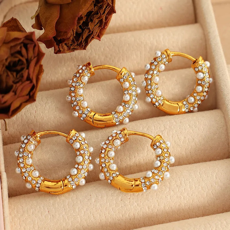 Simple Style C Shape Plating Imitation Pearl Titanium Steel Earrings