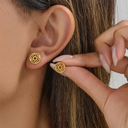 Symbolic Classic Style Geometric Round Plating 304 Stainless Steel 18K Gold Plated Butterfly Backs Ear Studs