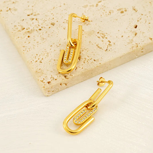 Paper Clip Plating 304 Stainless Steel 18K Gold Plated Drop Earrings