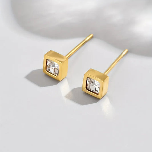 Square stainless steel plating inlay zircon 14k gold plated ear studs