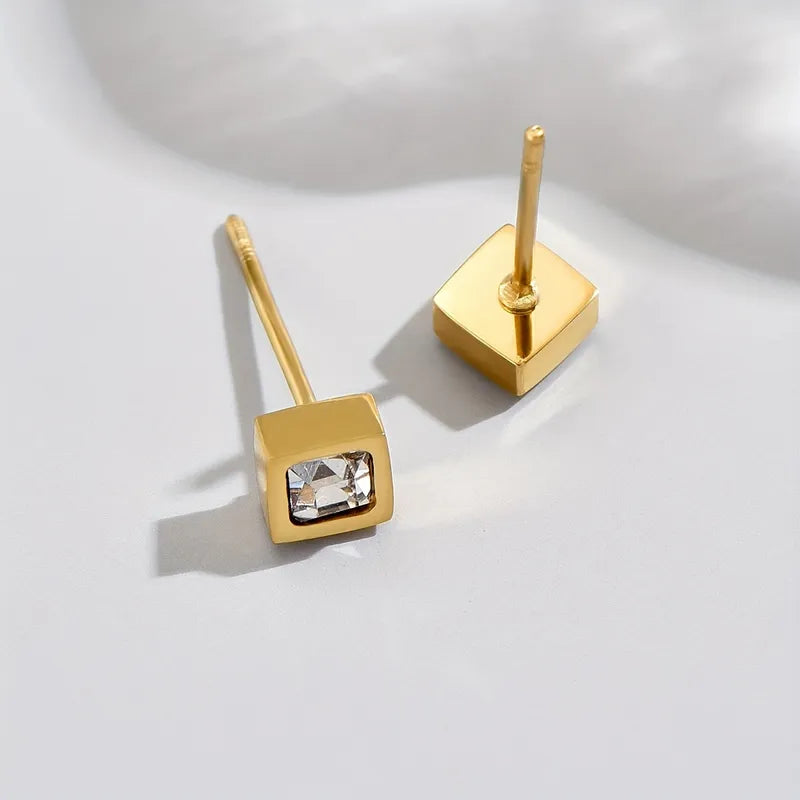 Square stainless steel plating inlay zircon 14k gold plated ear studs