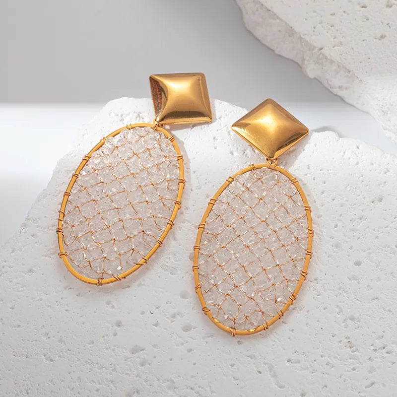 Sweet Simple Style Round Square Plating Inlay 304 Stainless Steel Crystal beads 14K Gold Plated Dangling Earrings