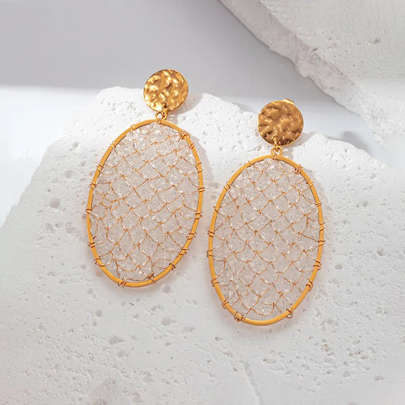 Sweet Simple Style Round Square Plating Inlay 304 Stainless Steel Crystal beads 14K Gold Plated Dangling Earrings