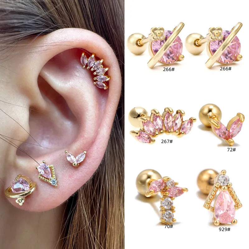 Geometric plating inlay brass zircon 18k gold plated white gold plated ear studs