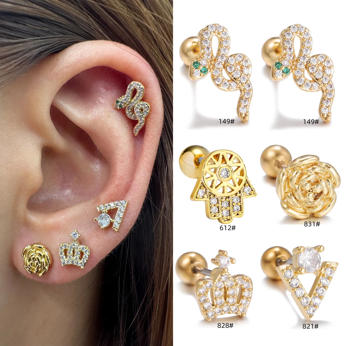 1 Pc Snake Brass Zircon 18k Gold Plated White Gold Plated Ear Studs