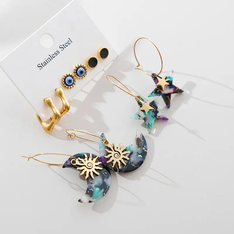 Elegant Sweet Commute Star Moon Eye Enamel Plating 304 Stainless Steel Arylic 14K Gold Plated Drop Earrings